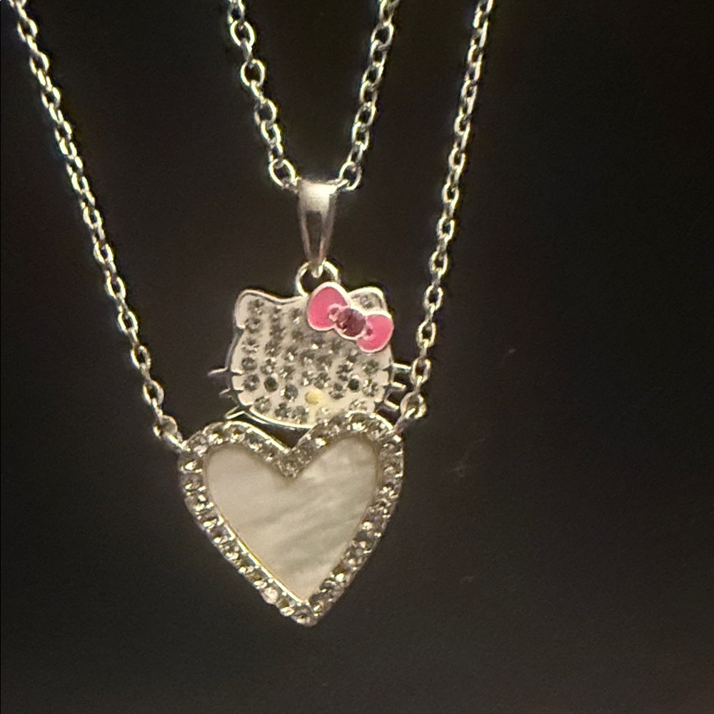 Set of 2 Hello kitty Silver and Brass Heart Pendant Necklace